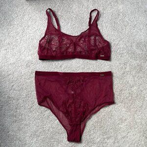 Adore Me Maroon Mesh and Lace Bralette with High Waist Underwear XL